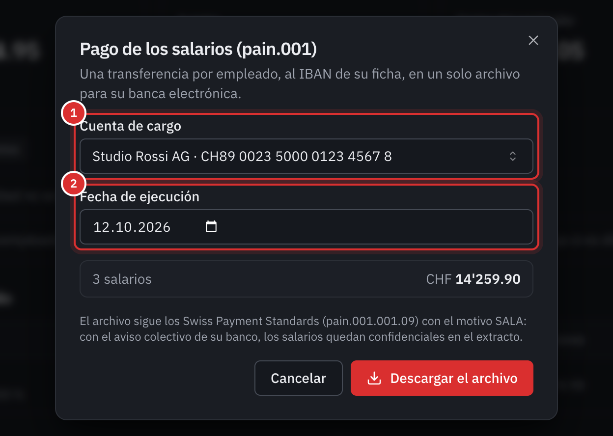 La ventana Pago de los salarios: la cuenta de cargo, la fecha de ejecución, el número de salarios y el total.