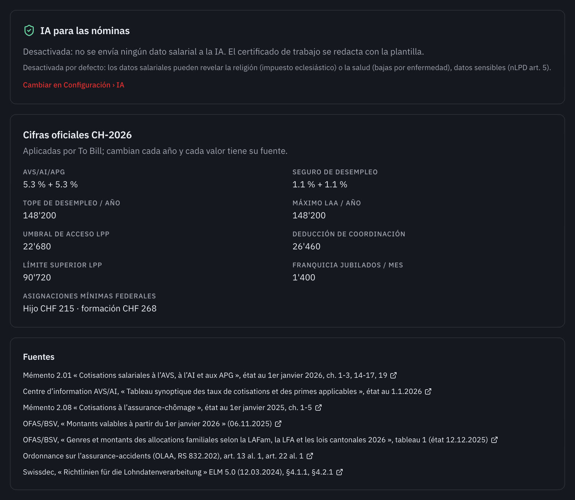 El panel Cifras oficiales CH-2026 y la lista de sus fuentes oficiales.