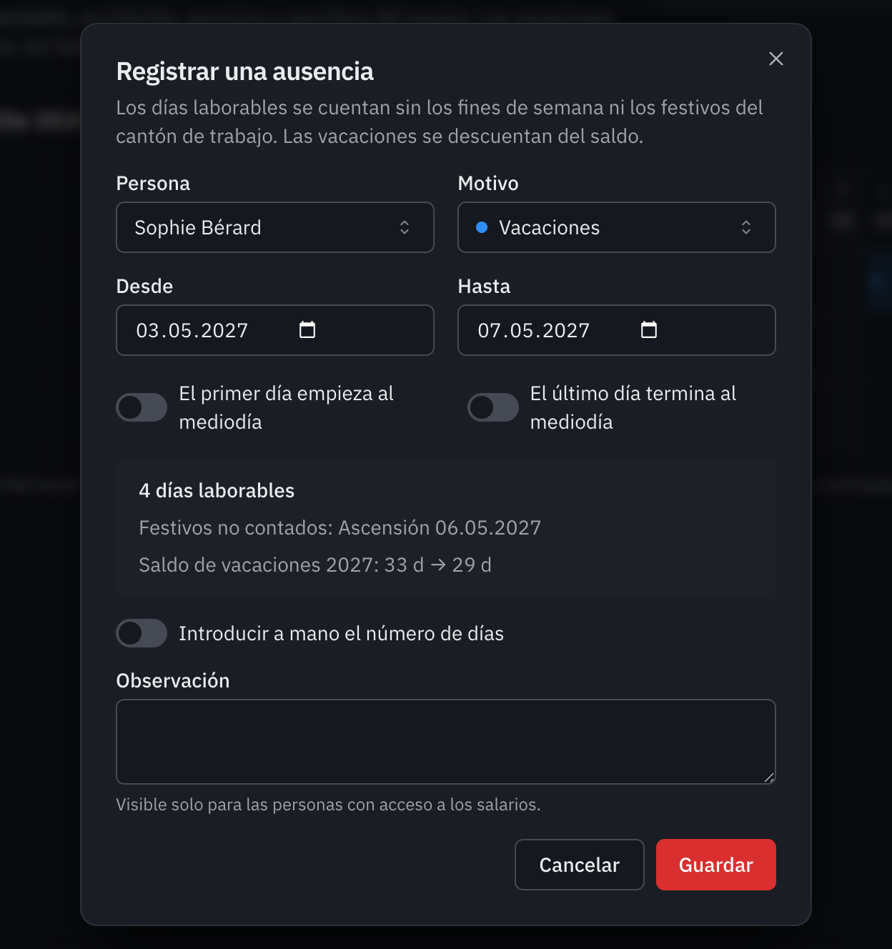Una nueva ausencia de Sophie Bérard, vacaciones de lunes a viernes de la semana de la Ascensión: 4 días laborables, la Ascensión no contada, y el saldo de vacaciones antes y después.