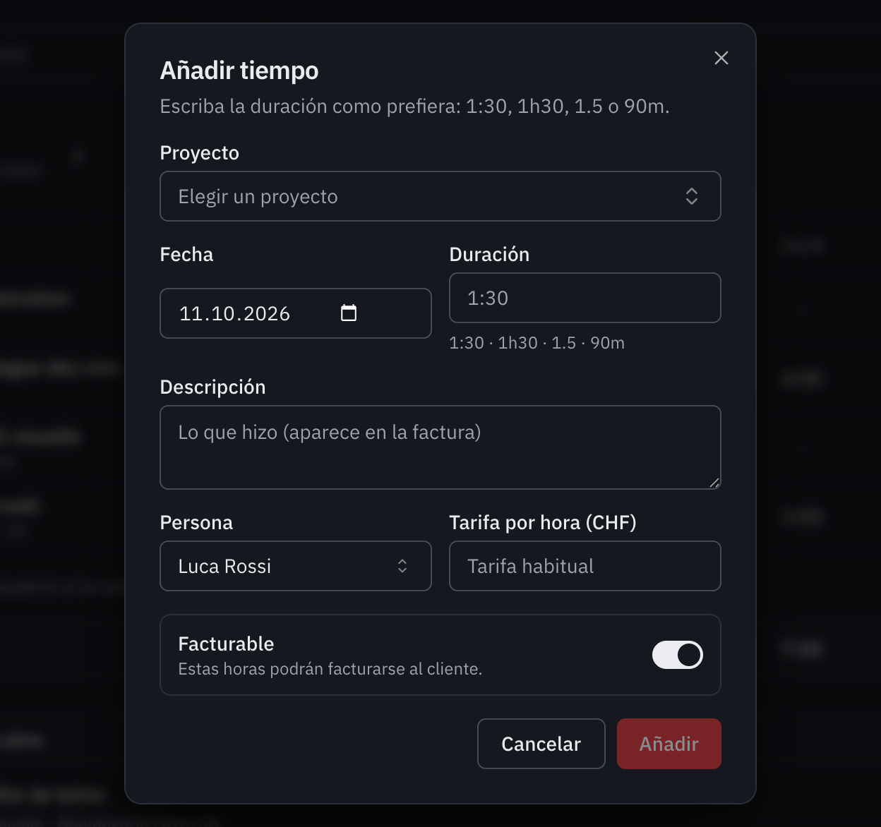 La ventana Añadir tiempo: proyecto, fecha, duración, descripción, persona, tarifa por hora y facturable.