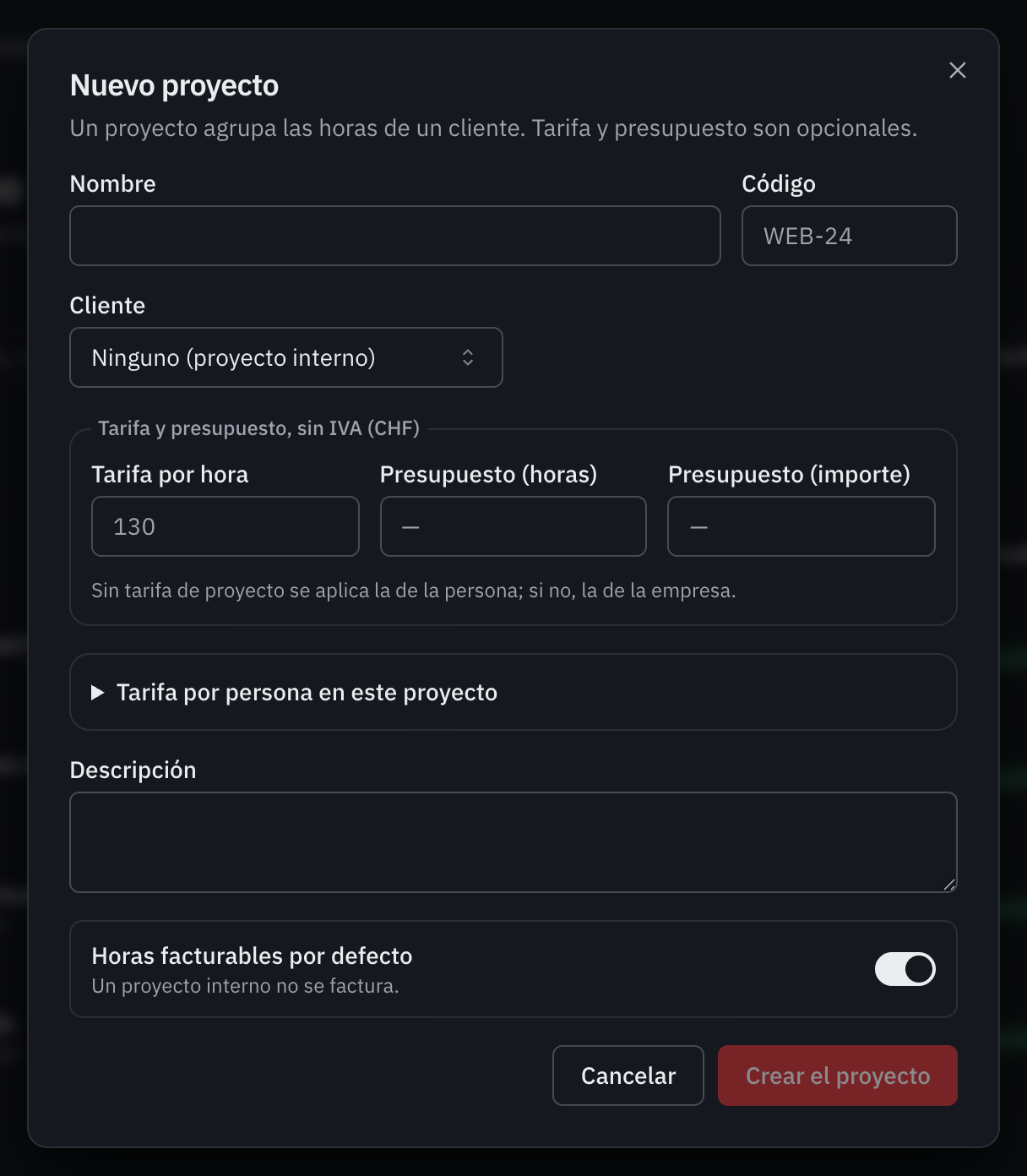 La ventana Nuevo proyecto: nombre, código, cliente, tarifa y presupuesto, tarifa por persona, descripción y horas facturables por defecto.