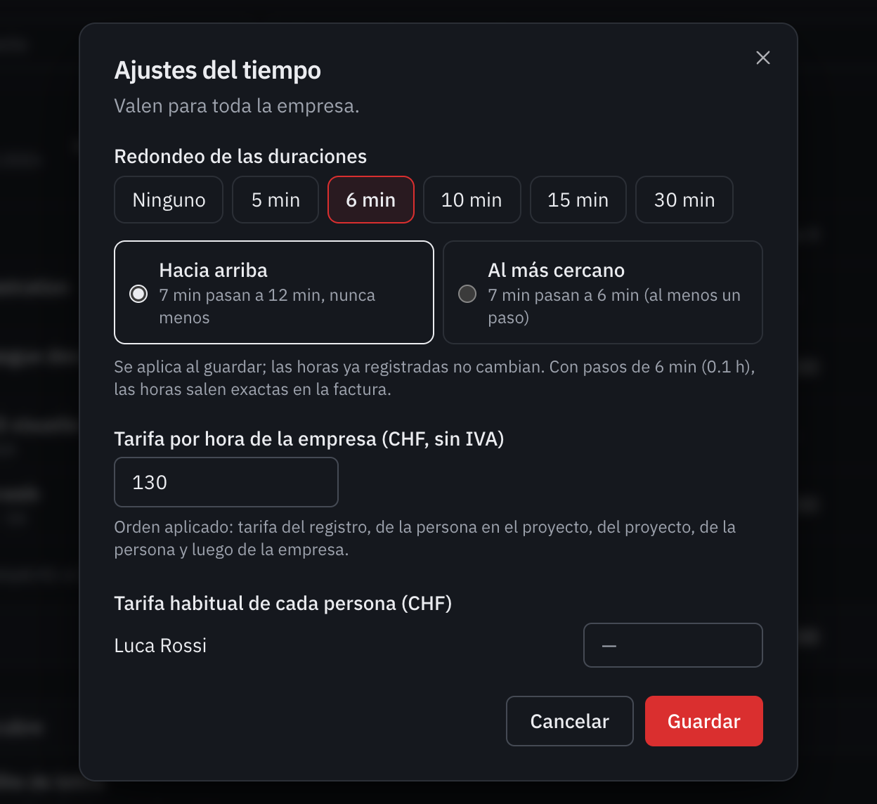 La ventana Ajustes del tiempo: el redondeo de las duraciones, el sentido del redondeo, la tarifa por hora de la empresa y la tarifa de cada persona.