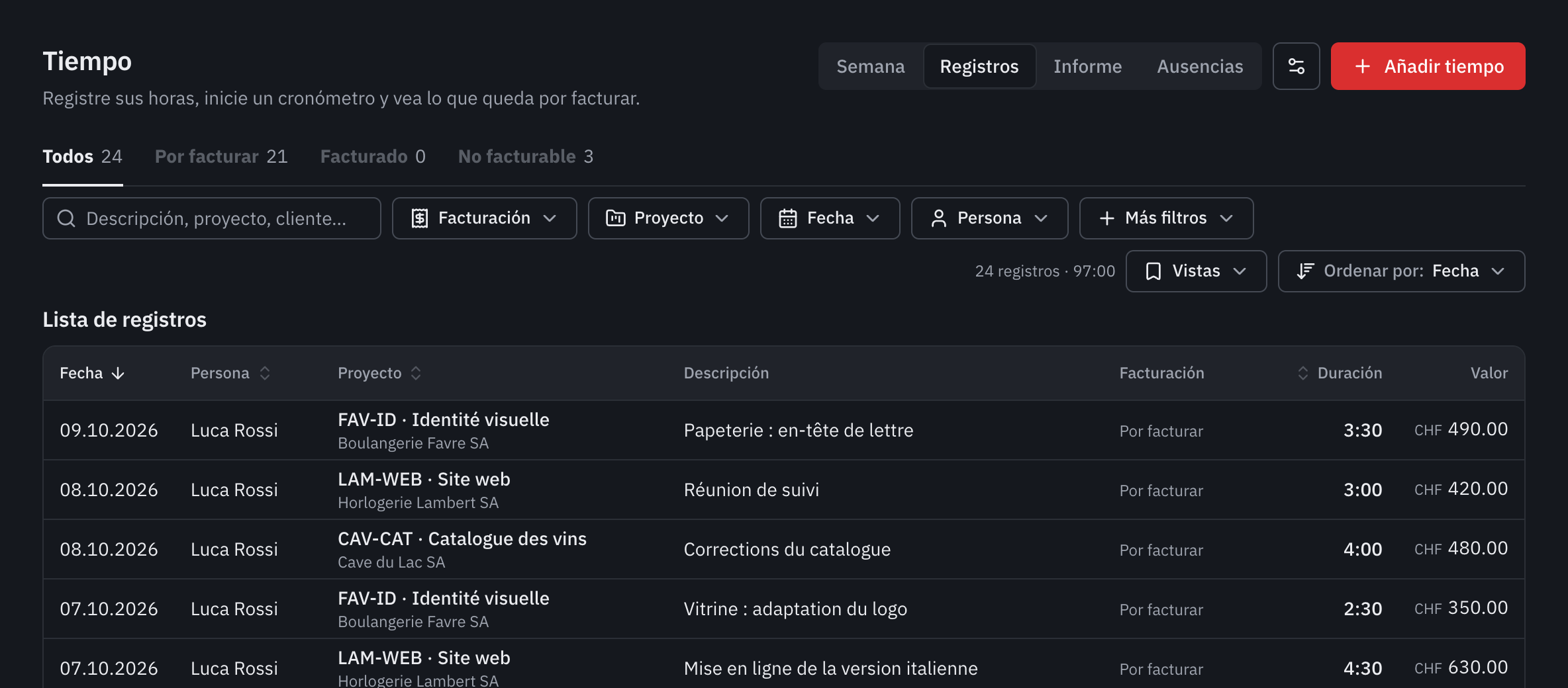La pestaña Registros: las pestañas Todos, Por facturar, Facturado y No facturable, los filtros y la lista de registros con su valor.