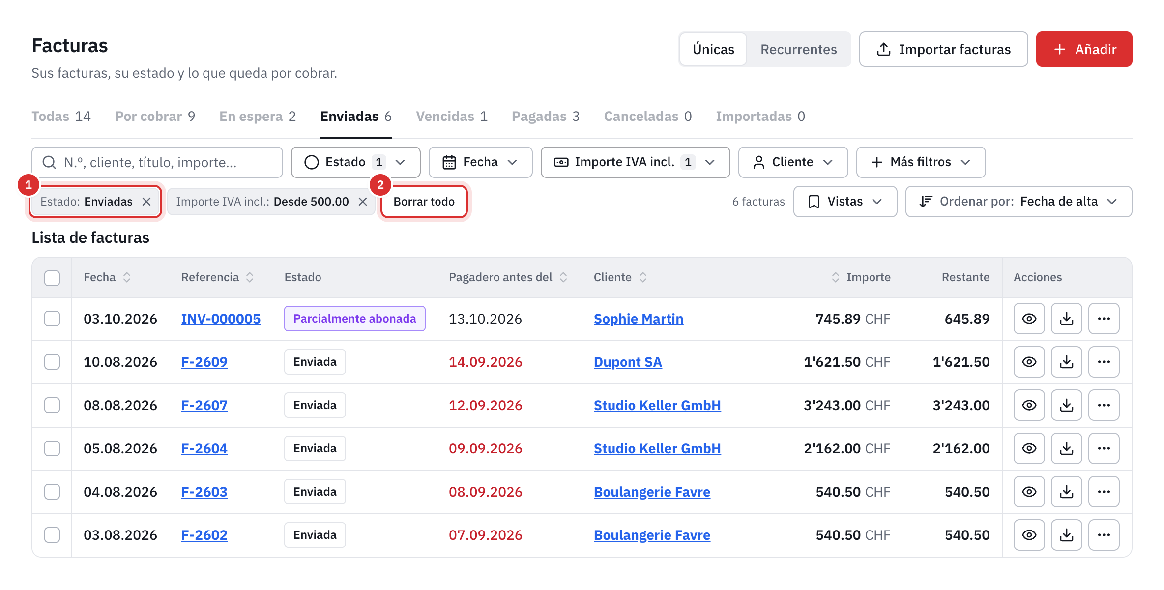 Dos filtros activos, Estado Enviadas e Importe IVA incl. desde 500, con Borrar todo y la lista reducida a cinco facturas.