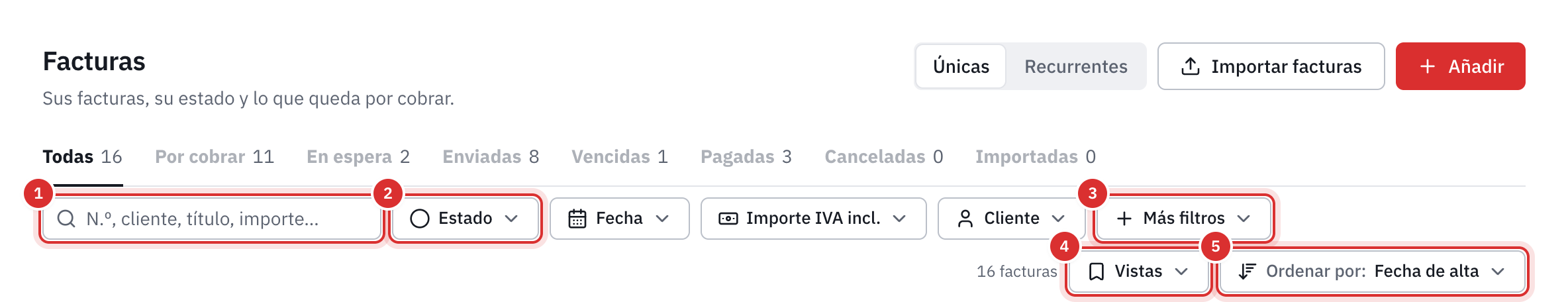 La barra de herramientas de la lista de facturas: la búsqueda, los filtros Estado, Fecha, Importe IVA incl. y Cliente, Más filtros, Vistas y Ordenar por.