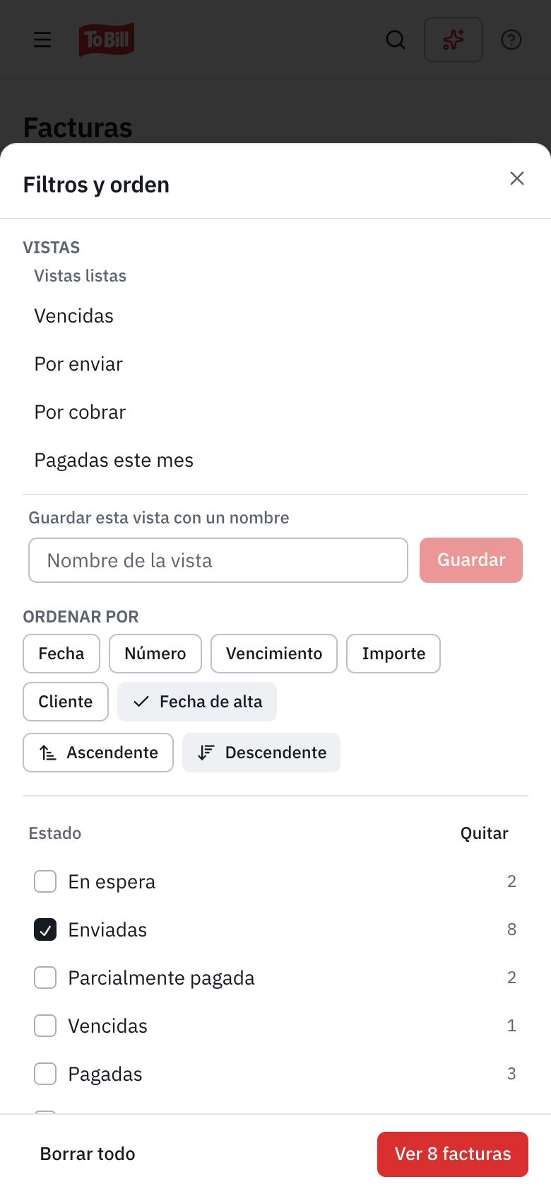 El panel Filtros y orden en un teléfono: las vistas, el orden y el filtro Estado, con el botón Ver 7 facturas.