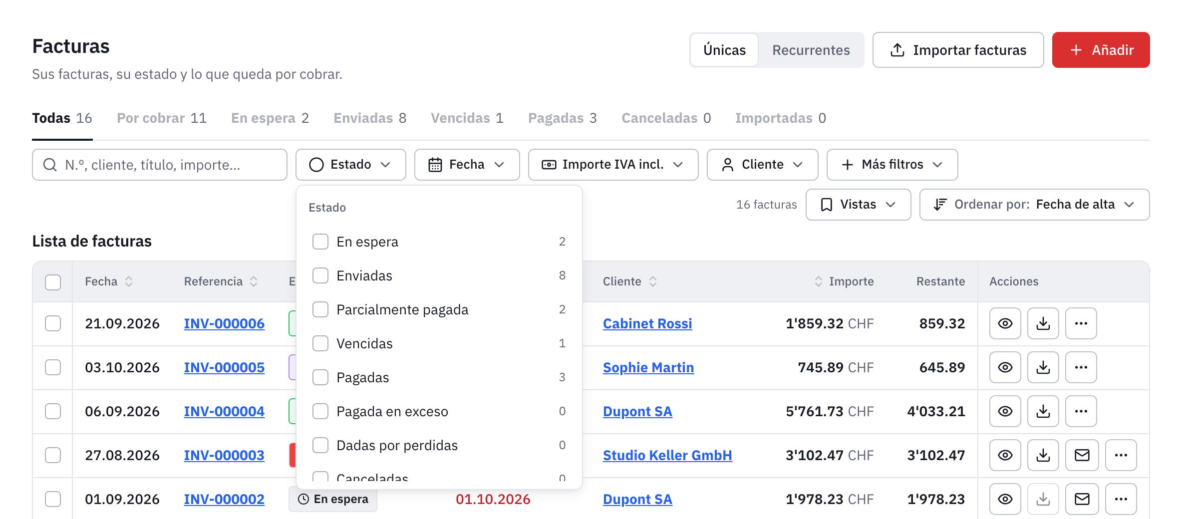 El filtro Estado abierto: En espera, Enviadas, Parcialmente pagada, Vencidas, Pagadas, con su número.