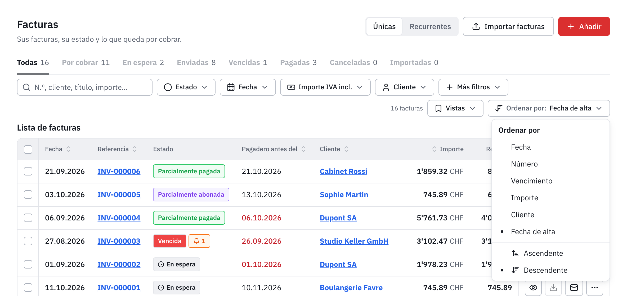 El menú Ordenar por abierto: Fecha, Número, Vencimiento, Importe, Cliente, Fecha de alta, y después Ascendente y Descendente.
