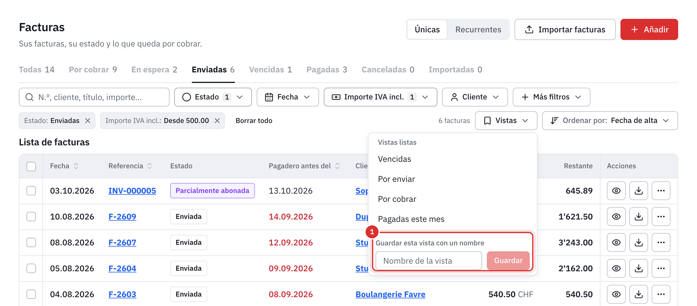 El menú Vistas: las vistas listas y el campo Nombre de la vista con el botón Guardar.