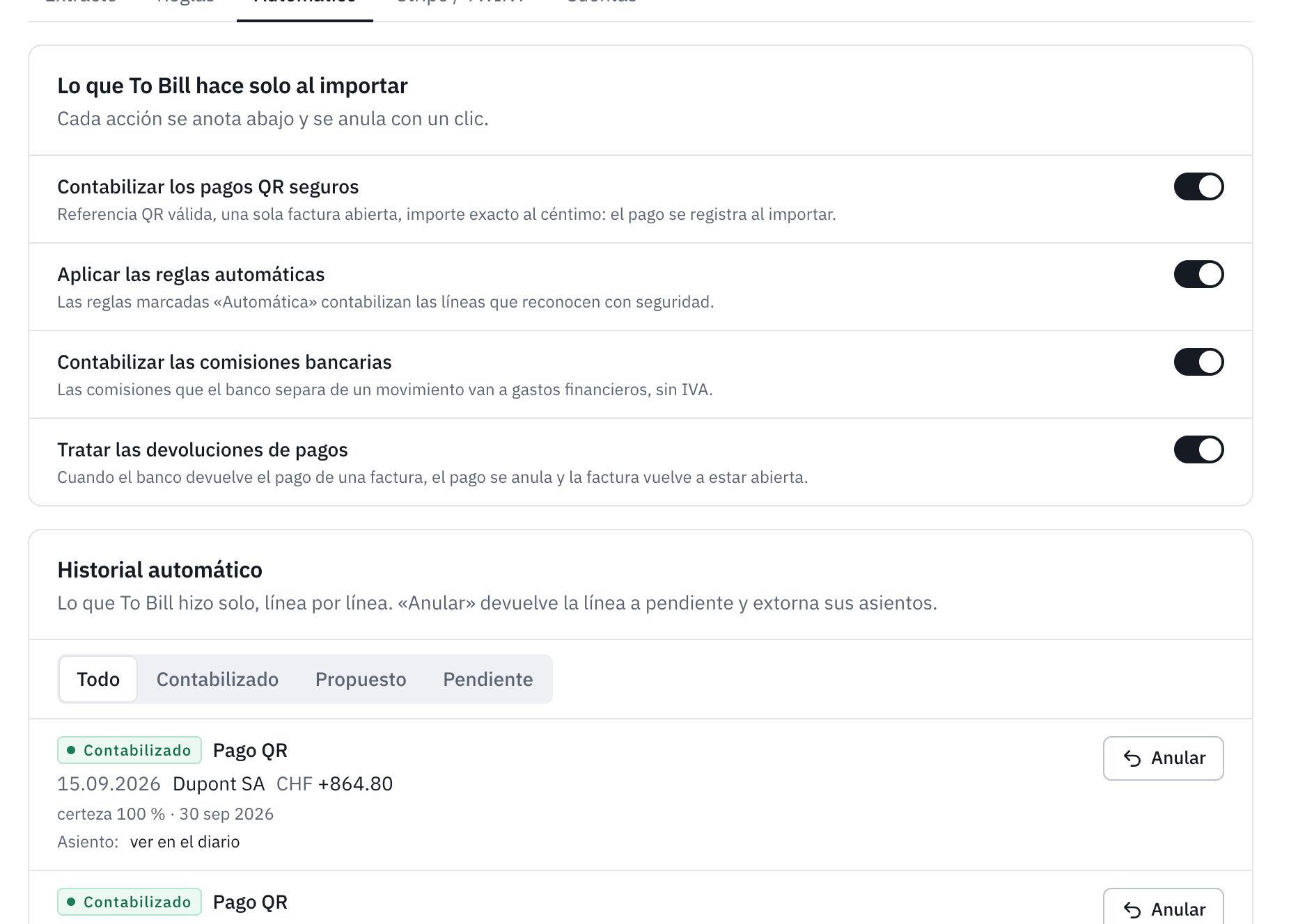 La pestaña Automático: los cuatro interruptores, todos activados, y debajo el historial automático con un pago QR contabilizado y su botón Anular.