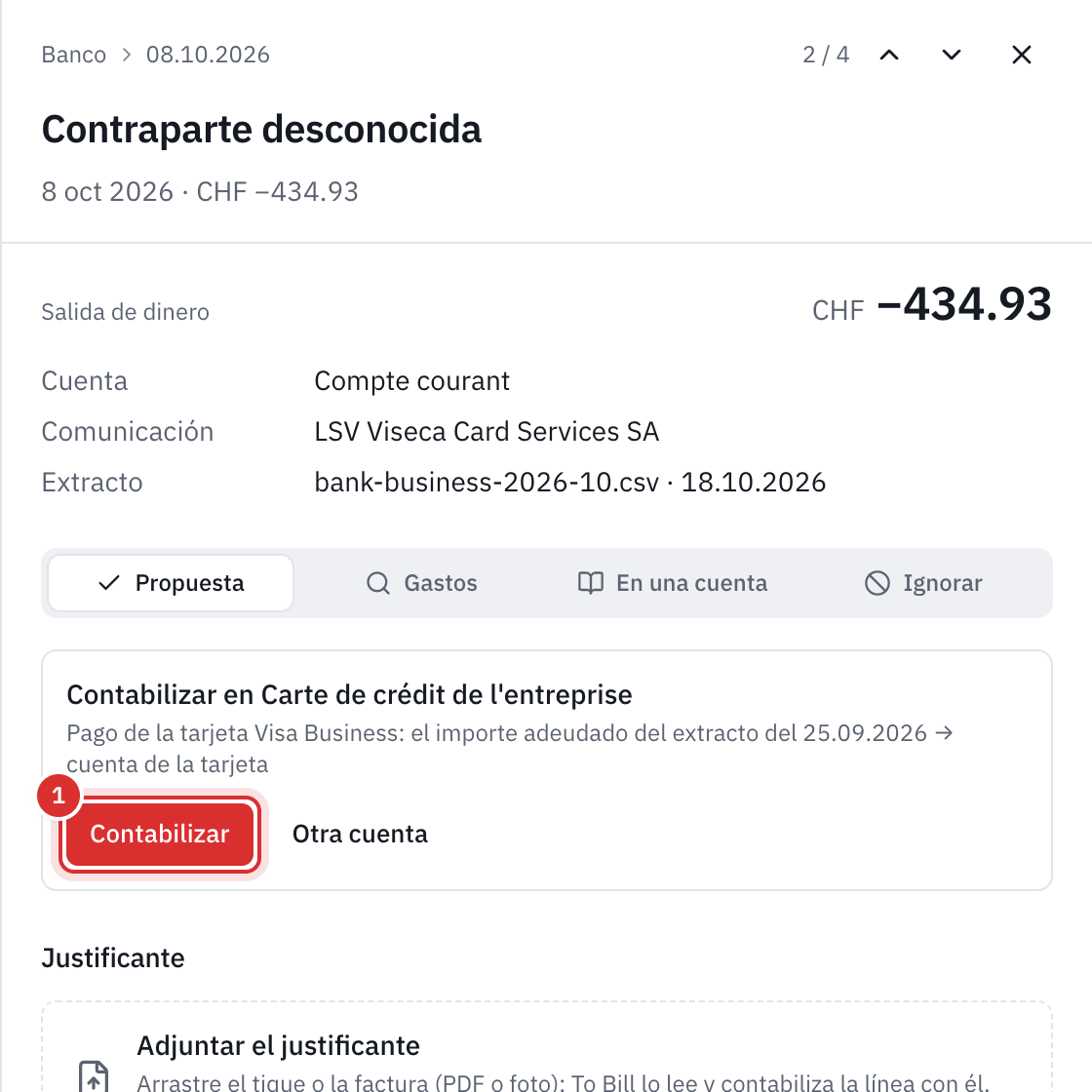 El panel de una línea bancaria de 434.93, LSV Viseca Card Services SA: la propuesta Contabilizar en Tarjeta de crédito de la empresa, pago de la tarjeta Visa Business, el importe adeudado del extracto del 25.09.2026 y el botón Contabilizar.