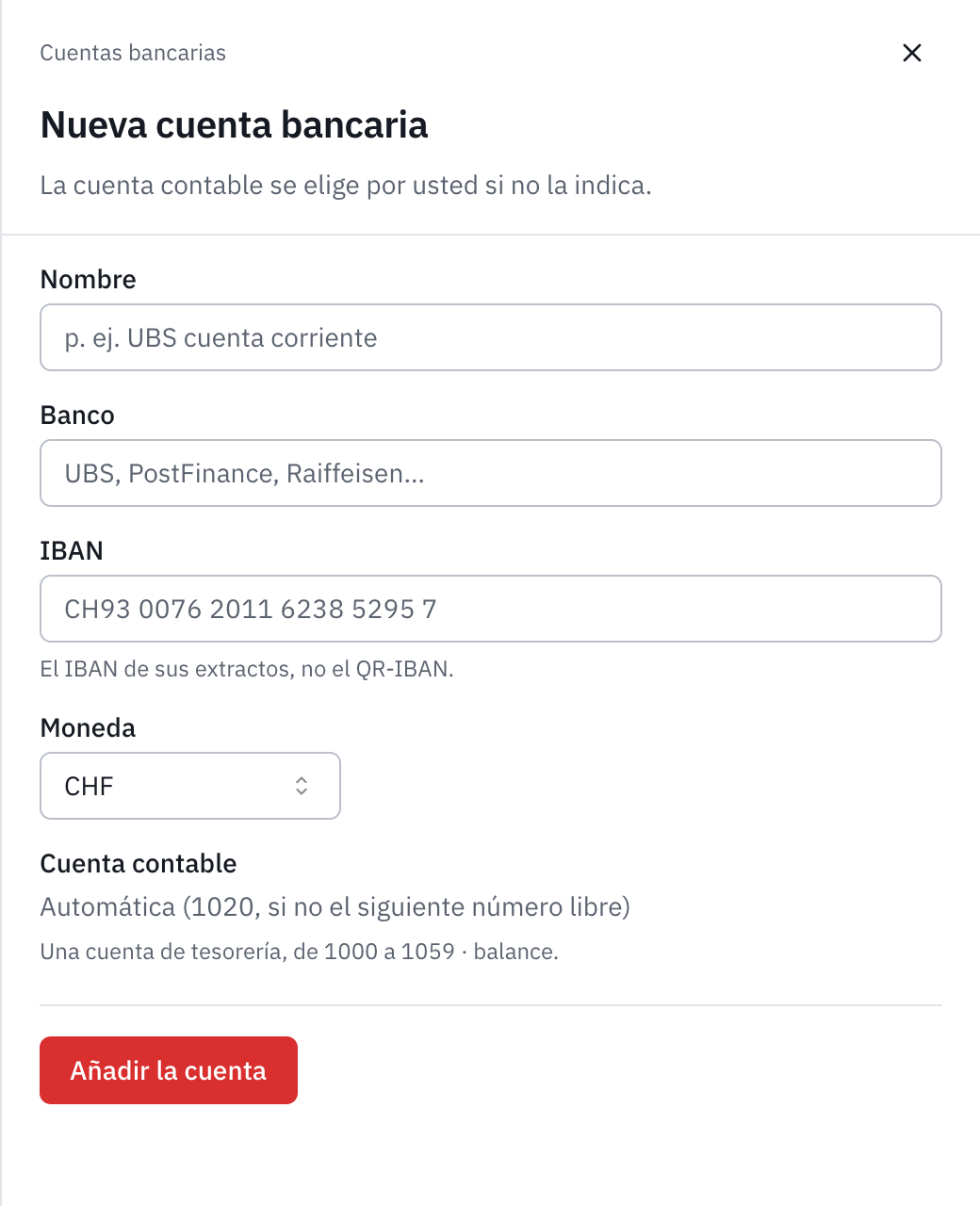 El formulario Nueva cuenta bancaria: el nombre, el banco, el IBAN, la moneda, la cuenta contable automática y el botón Añadir la cuenta.