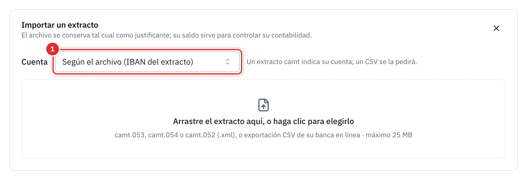 El recuadro Importar un extracto: la elección de la cuenta, Según el archivo (IBAN del extracto), y la zona donde soltar el archivo, camt.053, camt.054 o camt.052, o exportación CSV, máximo 25 MB.