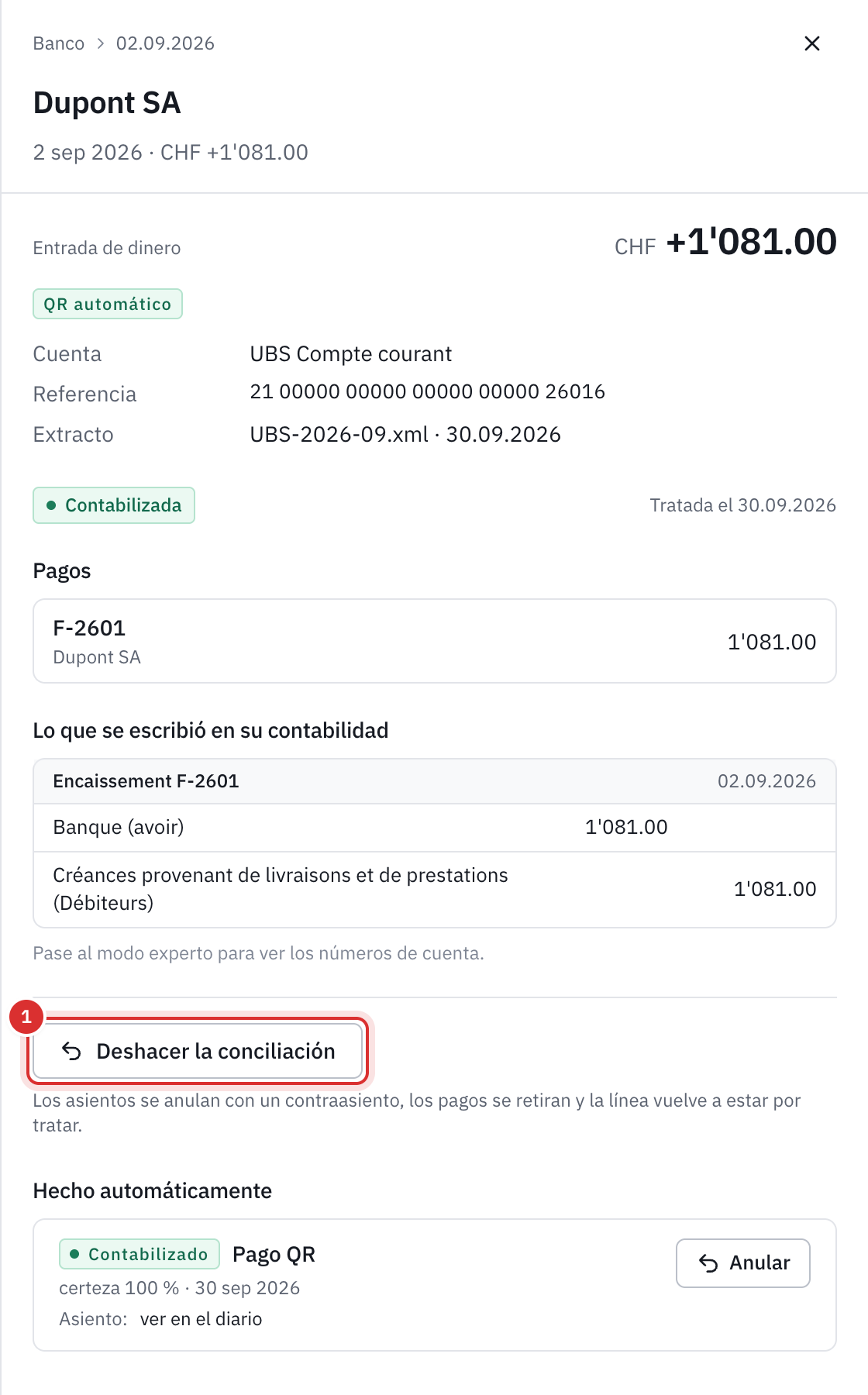 Una línea conciliada automáticamente por su referencia QR: el pago de la factura F-2601, el asiento Banco contra Deudores y el botón Deshacer la conciliación.