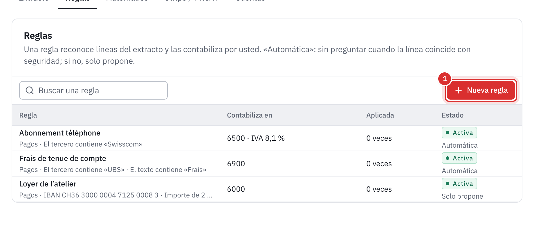 La pestaña Reglas: tres reglas, Abonnement téléphone, Frais de tenue de compte y Loyer de l’atelier, con lo que reconocen, la cuenta en la que contabilizan, el número de aplicaciones y su estado.