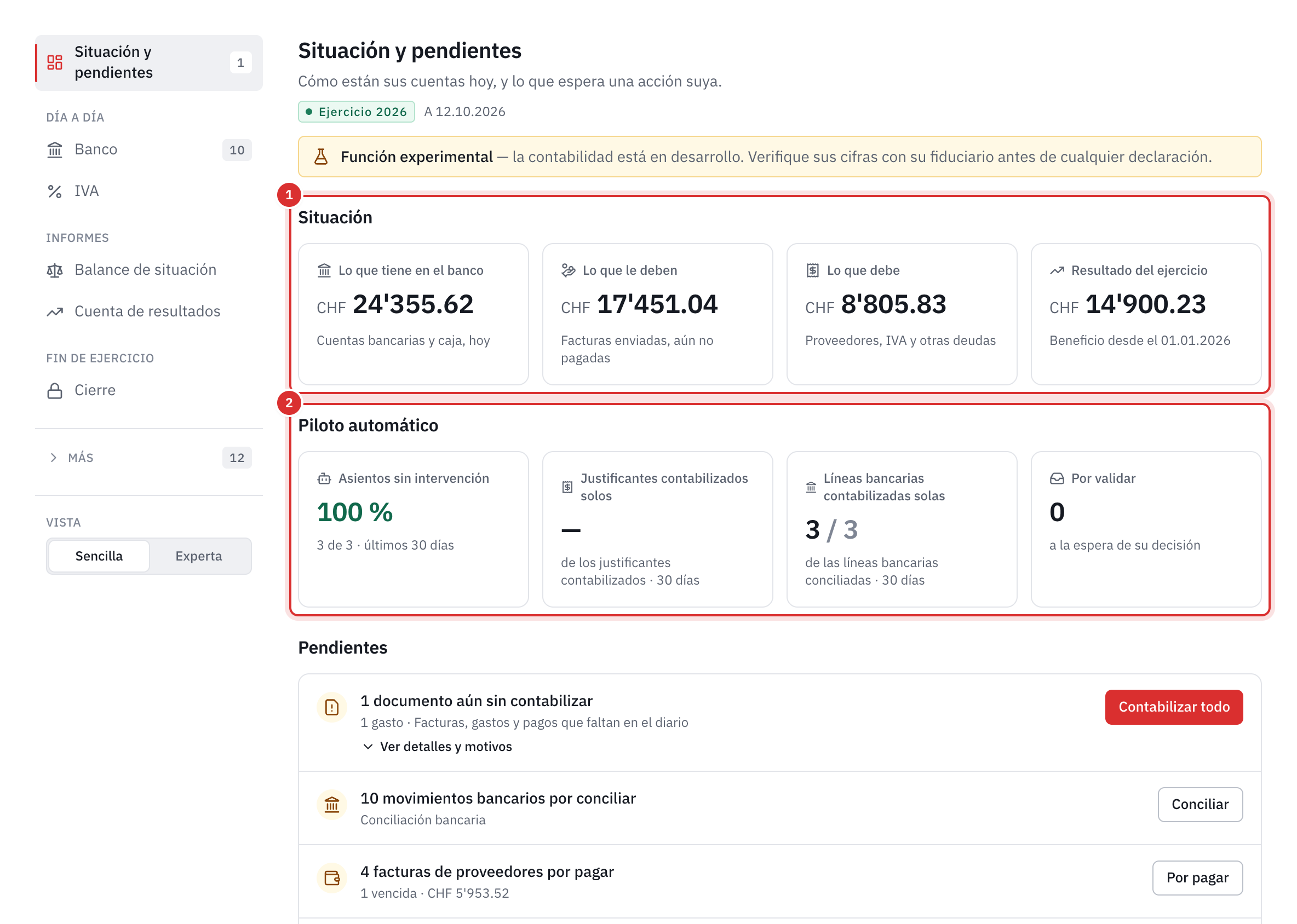 La página Situación y pendientes: cuatro cifras de la situación, el piloto automático y el principio de la lista Pendientes.