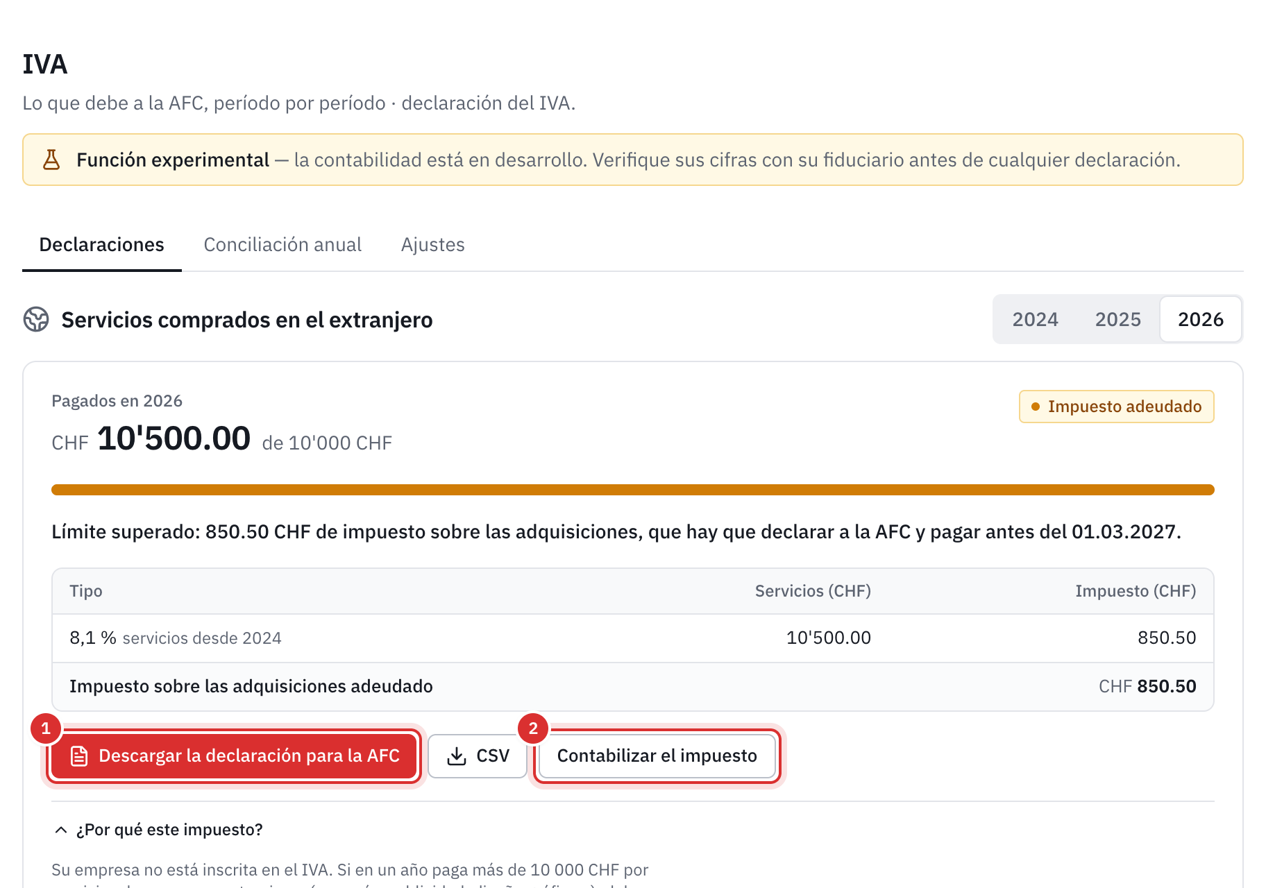 El recuadro Servicios comprados en el extranjero: CHF 10'500 pagados en 2026 sobre un límite de CHF 10'000, el impuesto adeudado de CHF 850.50 y los botones Descargar la declaración para la AFC y Contabilizar el impuesto.