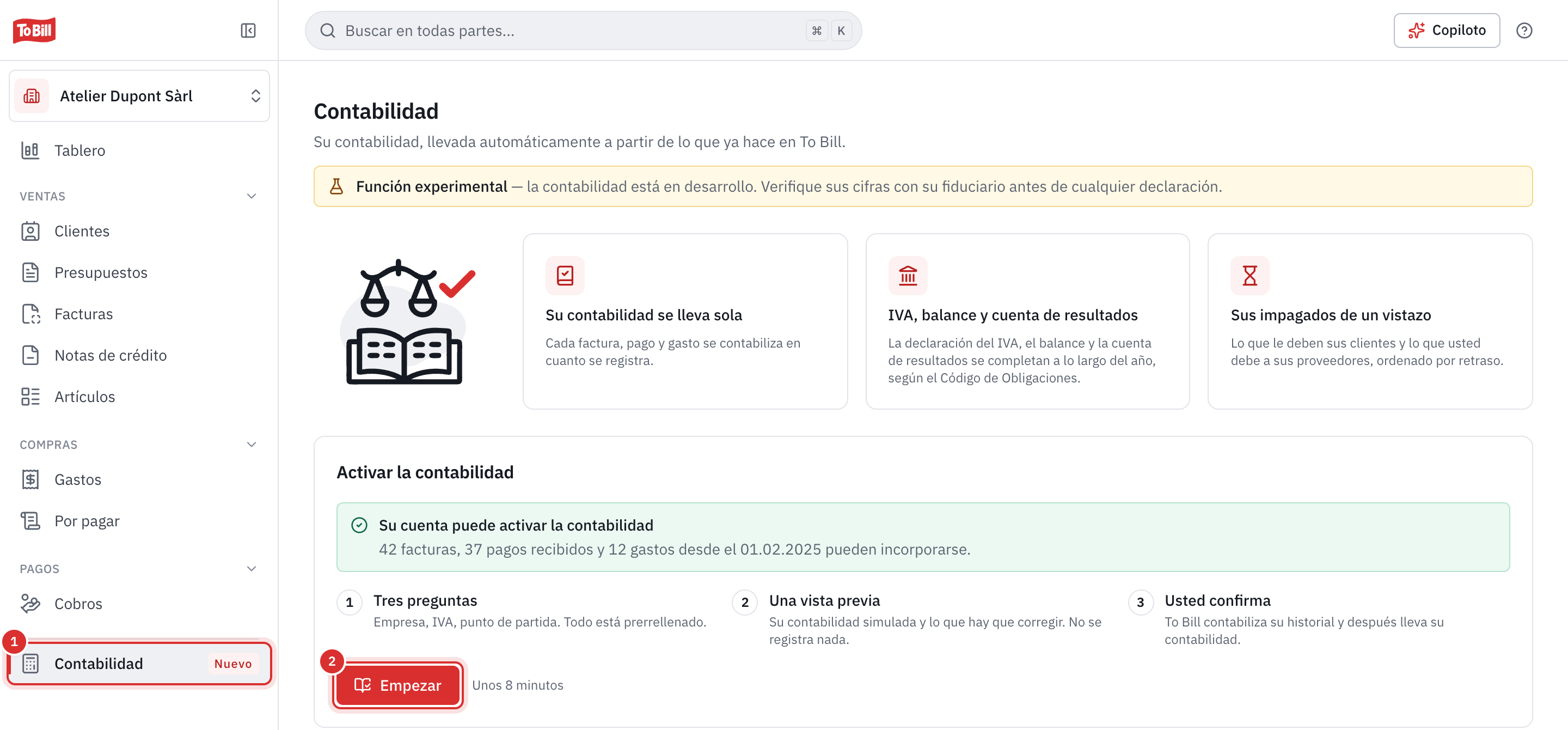 La página Contabilidad antes de la activación: el menú Contabilidad marcado como Nuevo y el botón Empezar.