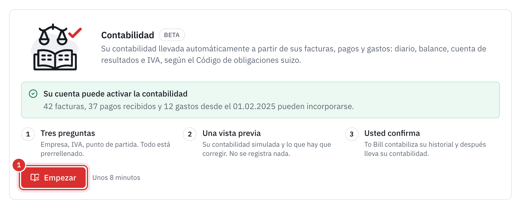 La tarjeta Contabilidad en Configuración, Módulos, con el botón Empezar.