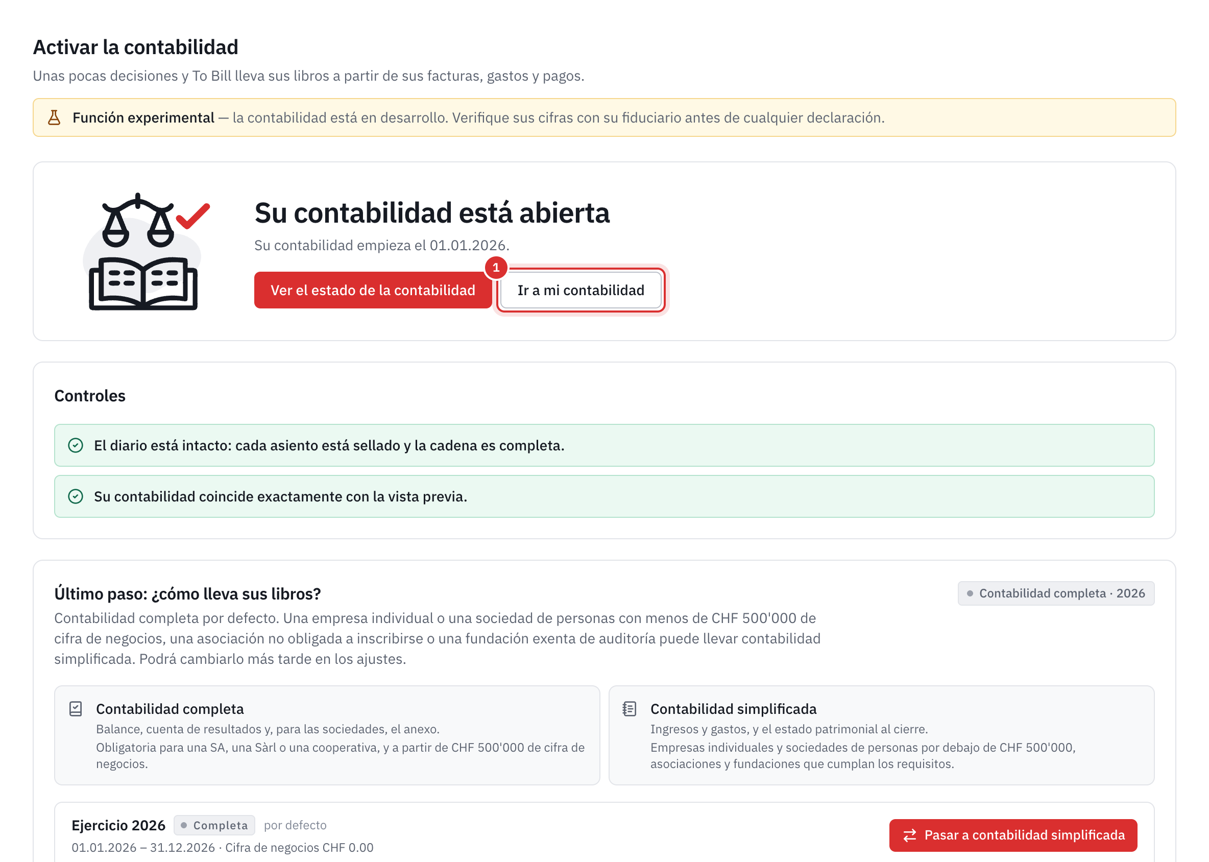 La pantalla Su contabilidad está abierta, con los controles y la elección del tipo de contabilidad.