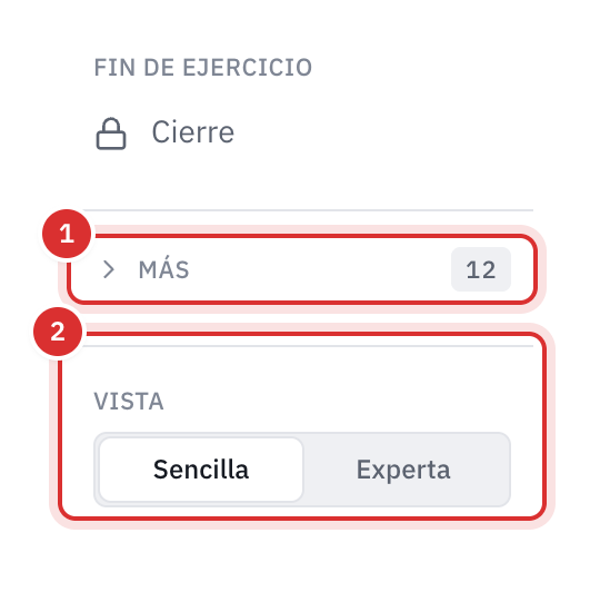 La parte inferior del menú de la contabilidad: el grupo Más plegado, con el número de justificantes que esperan en él, y la elección de la vista Simple o Experta.