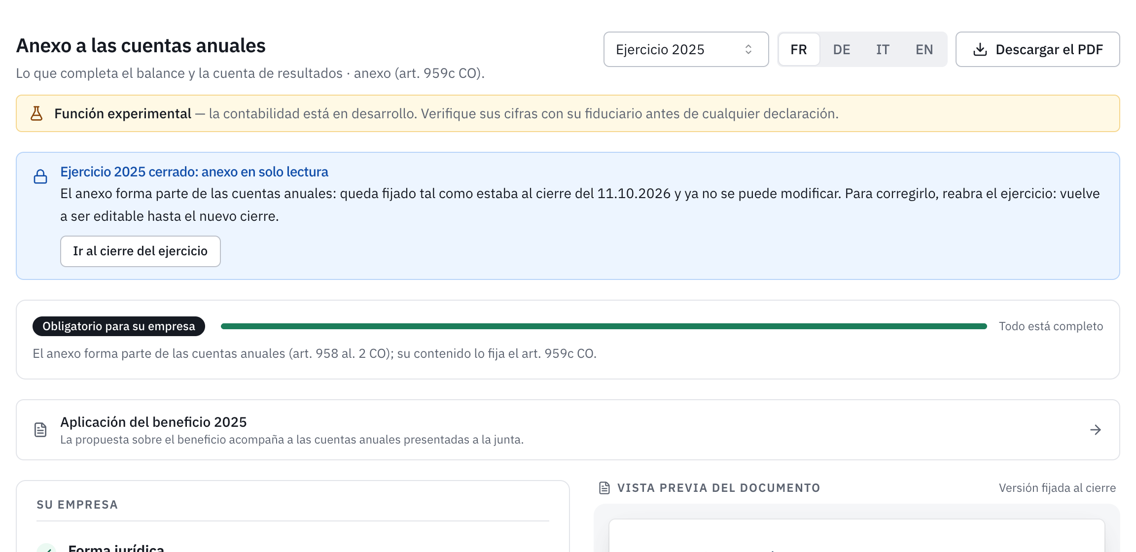 El anexo 2025 después del cierre: el mensaje de ejercicio 2025 cerrado y anexo en solo lectura, con el enlace Ir al cierre del ejercicio.
