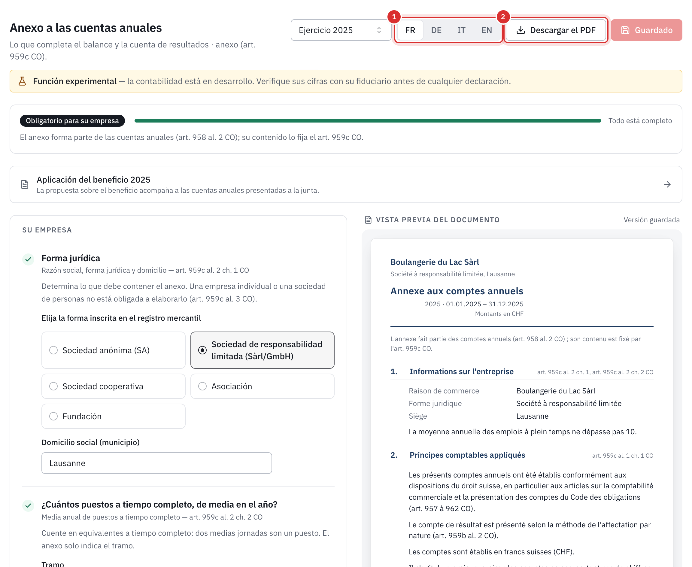 El anexo 2025: el idioma del documento, el botón Descargar el PDF, la barra de progreso completa, las preguntas sobre la empresa a la izquierda y la vista previa del documento a la derecha.