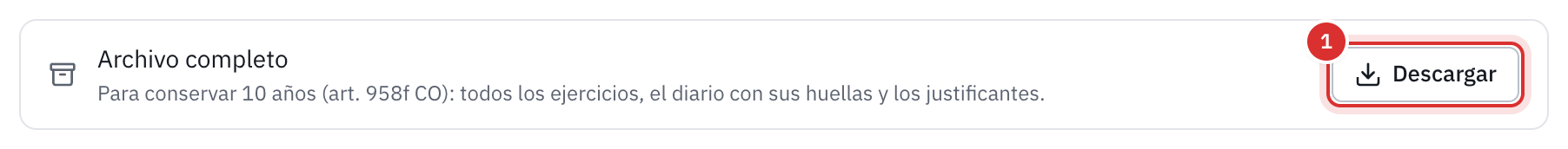 La línea Archivo completo de la página Exportaciones, para conservar durante diez años, con su botón Descargar.