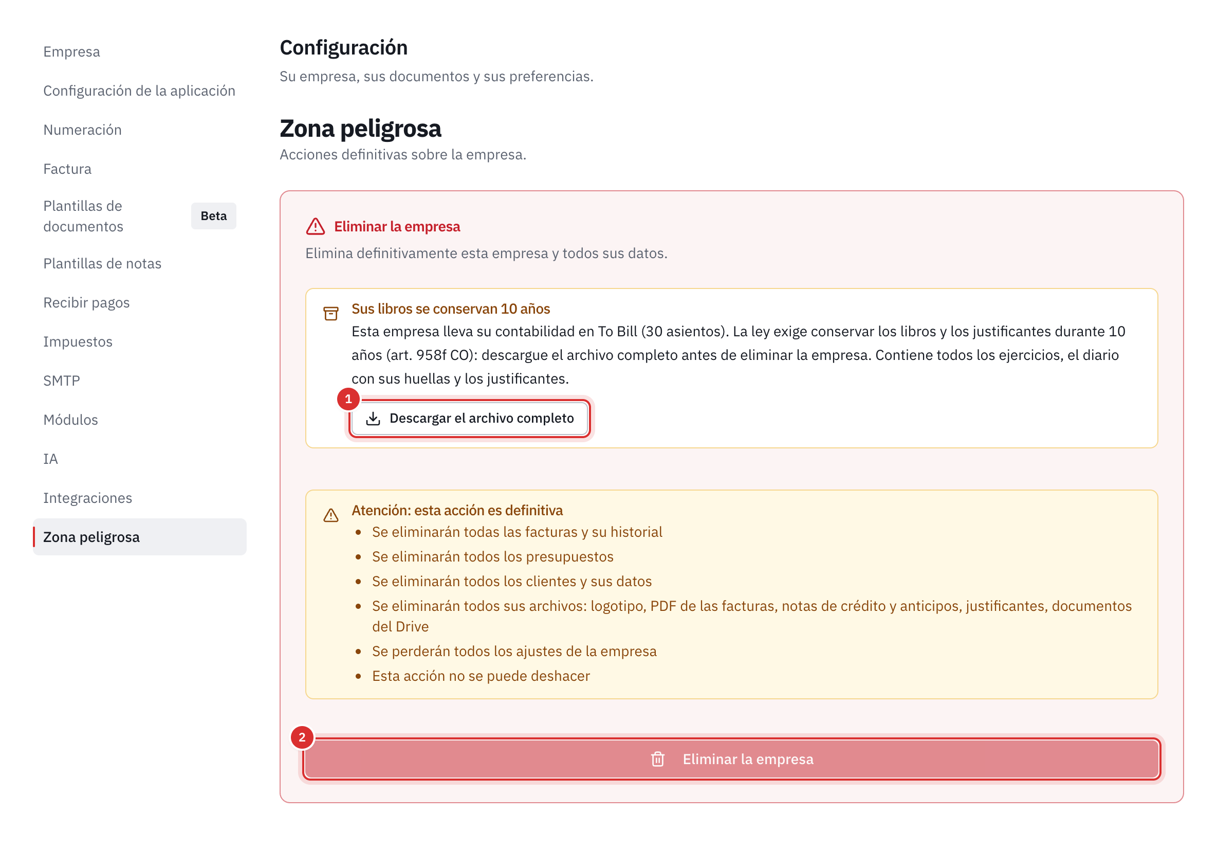 La zona peligrosa: el recuadro Sus libros se conservan 10 años con el botón Descargar el archivo completo, y el botón Eliminar la empresa desactivado.