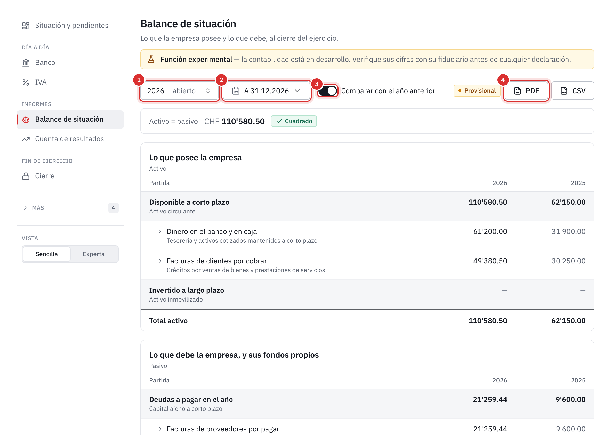El balance de situación: el ejercicio, la fecha, la comparación con el año anterior activada, los botones PDF y CSV y, debajo, el activo de 2026 y de 2025.
