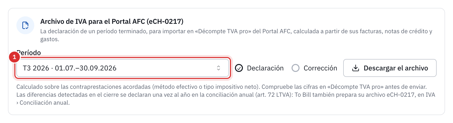 La tarjeta Archivo de IVA para el Portal AFC (eCH-0217) de las exportaciones: el período, el tipo Declaración o Corrección y el botón Descargar el archivo.