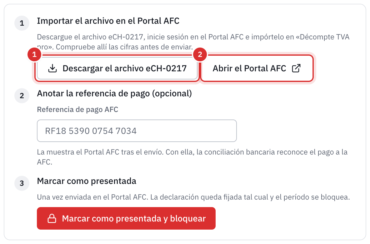 El paso Importar el archivo en el Portal AFC, con los botones Descargar el archivo eCH-0217 y Abrir el Portal AFC.