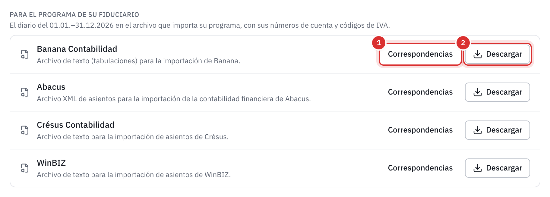 Los cuatro programas de fiduciario, cada uno con sus botones Correspondencias y Descargar.