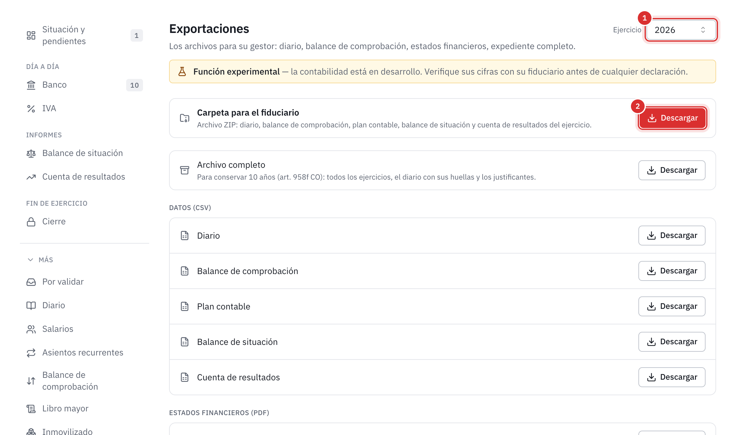 La página Exportaciones: la elección del ejercicio, la carpeta para el fiduciario, el archivo completo y los datos en CSV.