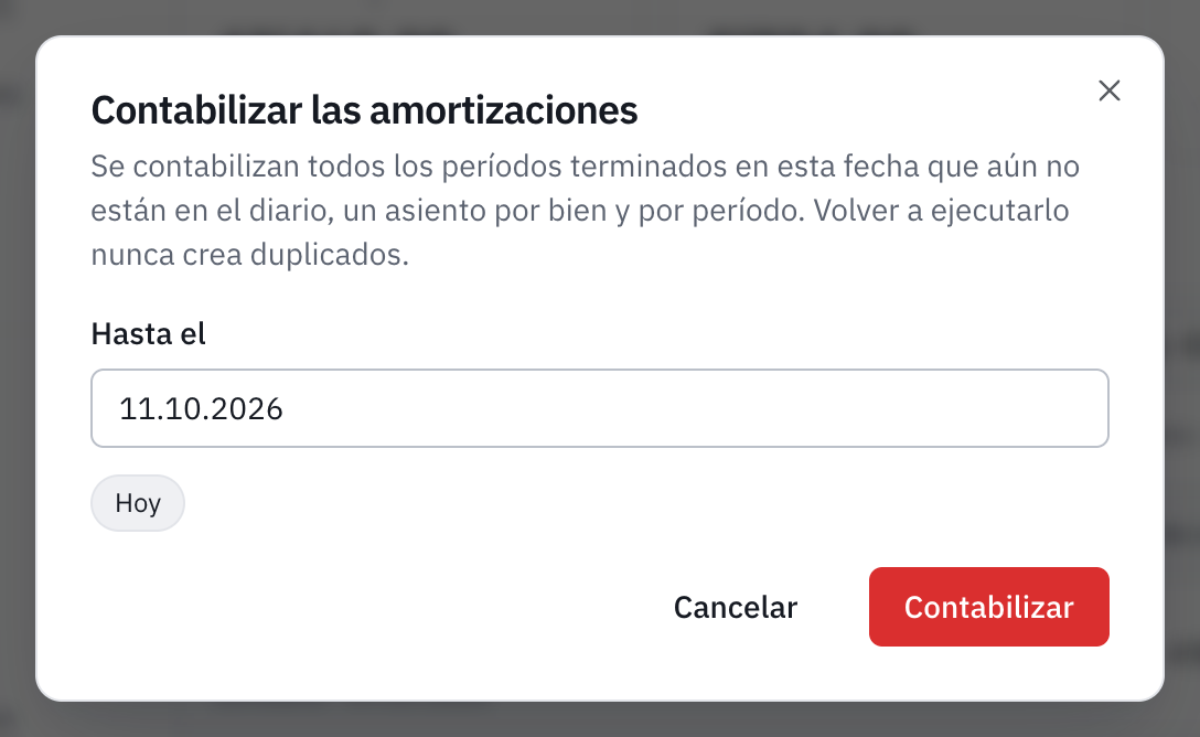 La ventana Contabilizar las amortizaciones, con la fecha Hasta y los atajos Hoy y Cierre.
