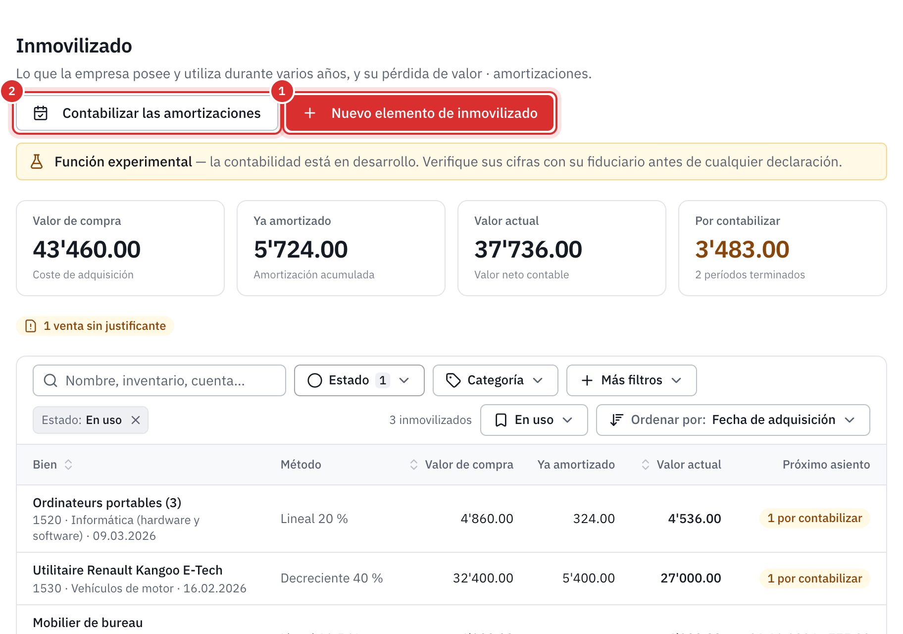 El registro del inmovilizado: las cuatro cifras, la barra de búsqueda y de filtros, y tres bienes en uso.
