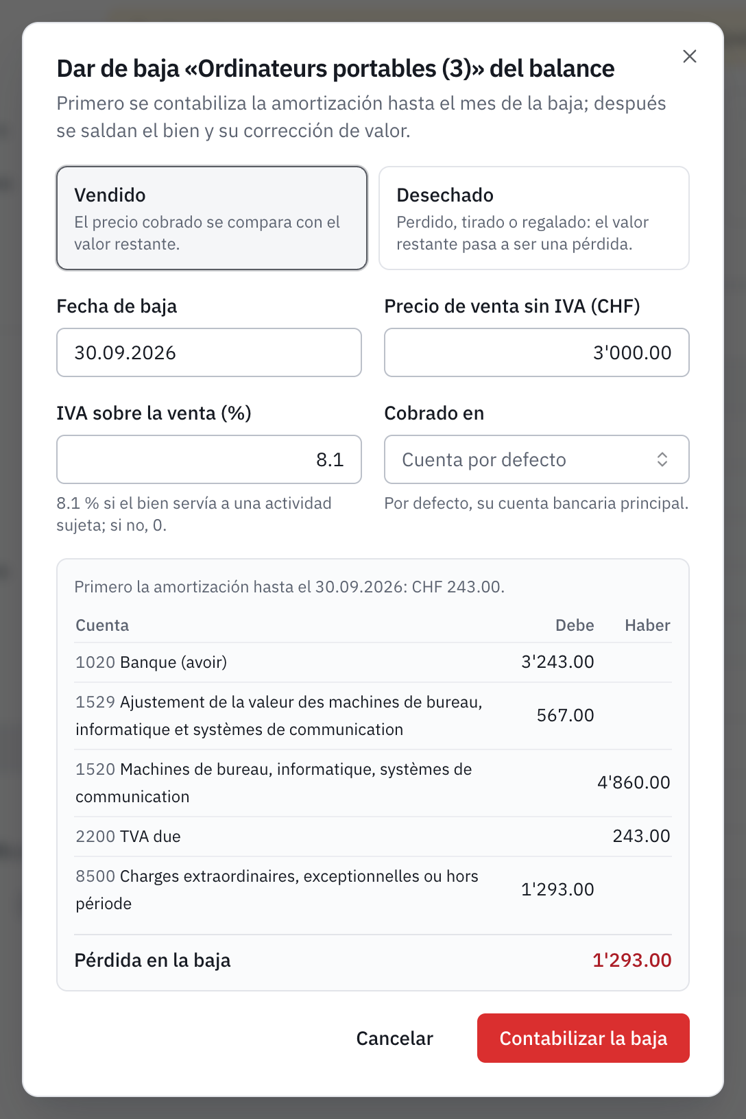 La ventana de baja de unos ordenadores vendidos por CHF 3'000 sin IVA: la amortización hasta la baja, el asiento propuesto y la pérdida en la baja.