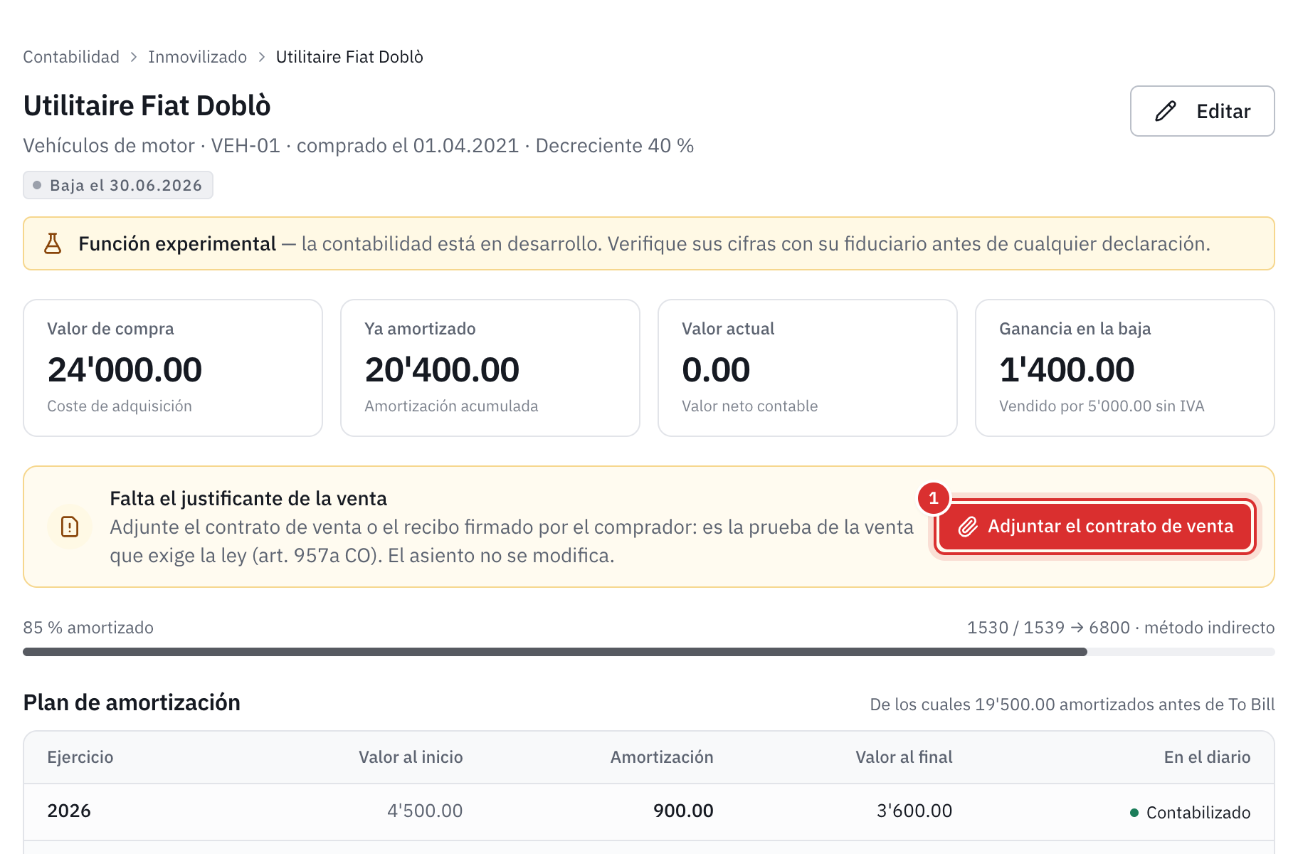 La ficha de una furgoneta vendida: la ganancia en la baja y la tarjeta Falta el justificante de la venta con el botón Adjuntar el contrato de venta.