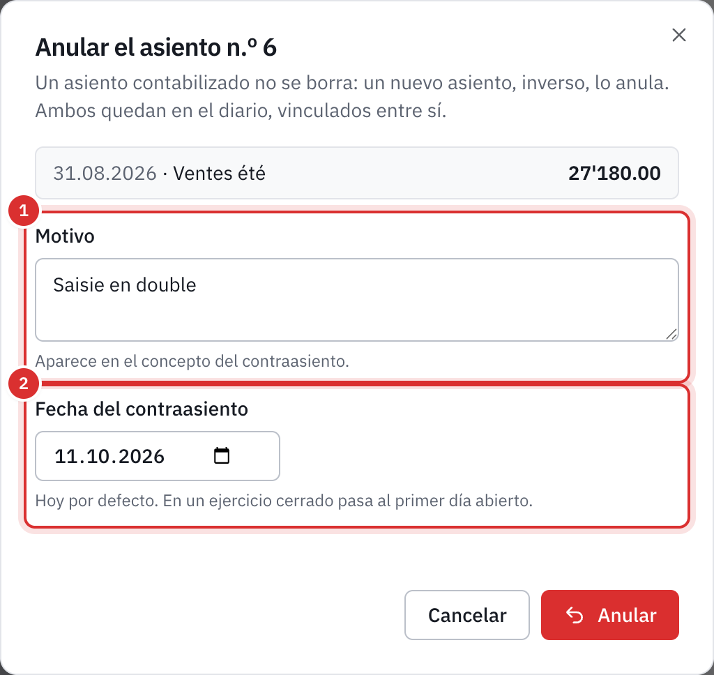 La ventana para anular el asiento n.º 6: el motivo Asiento duplicado y la fecha del contraasiento.