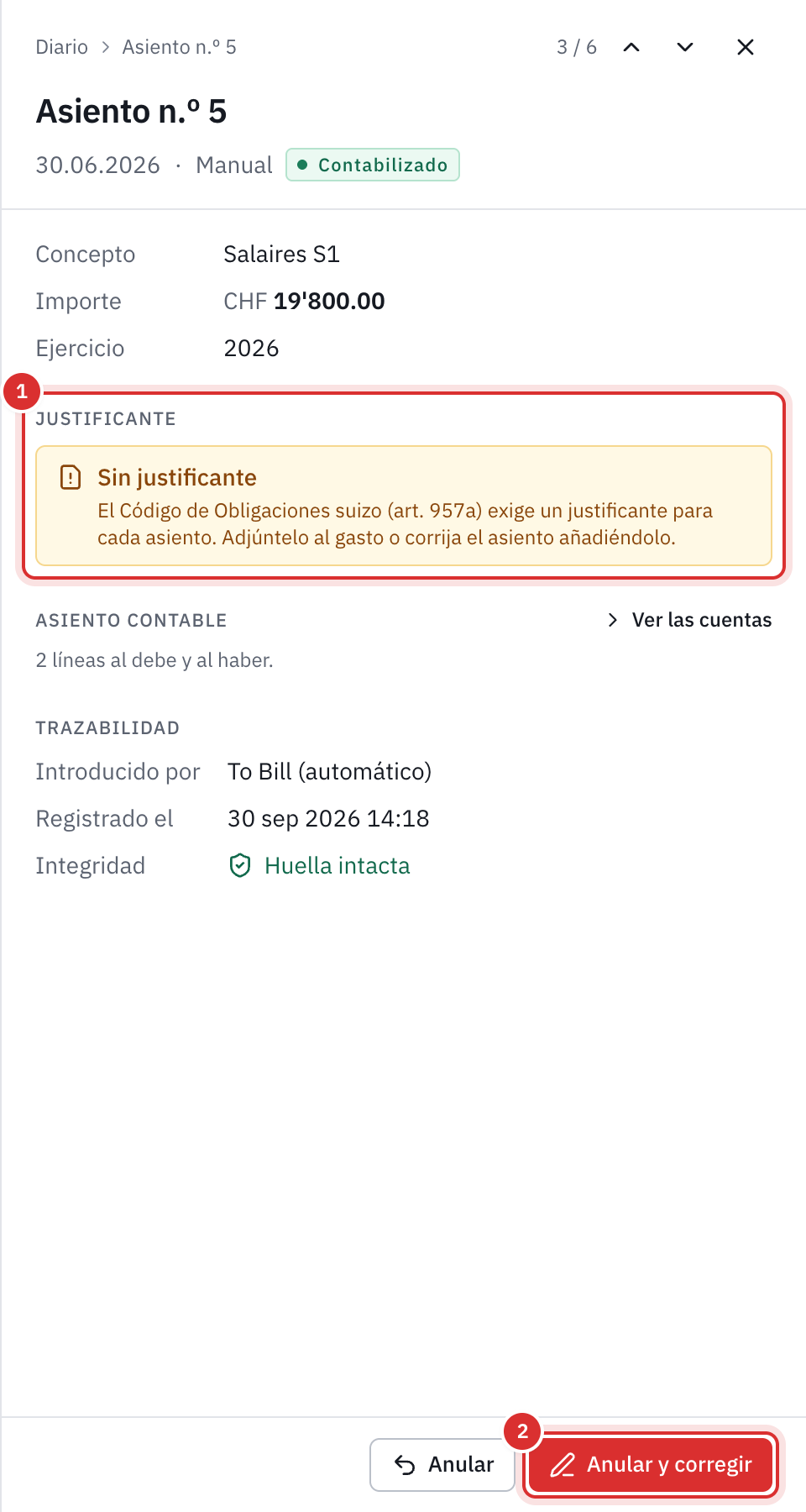 Un asiento manual sin justificante: el panel muestra Sin justificante y el botón Anular y corregir.