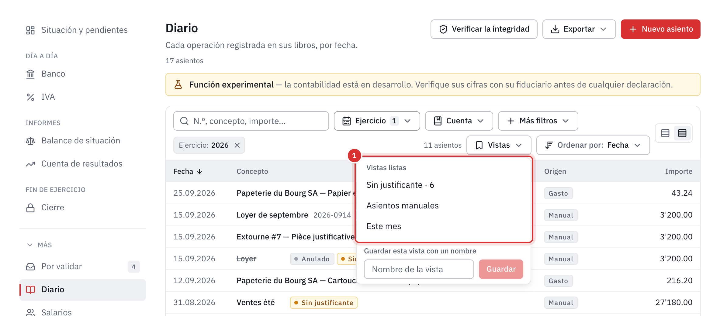 El menú Vistas del diario abierto: Sin justificante, seis asientos, y después Asientos manuales y Este mes.