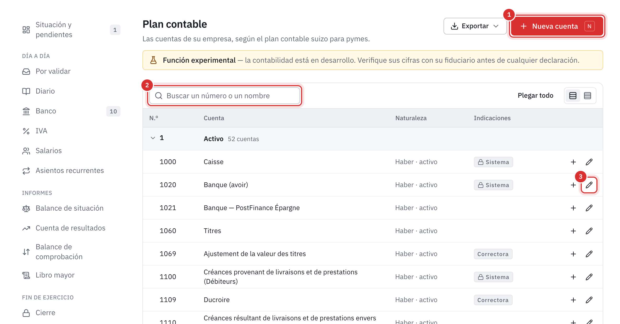 El plan contable: las cuentas de la clase 1 con su naturaleza y sus indicaciones, el botón Nueva cuenta y la búsqueda.