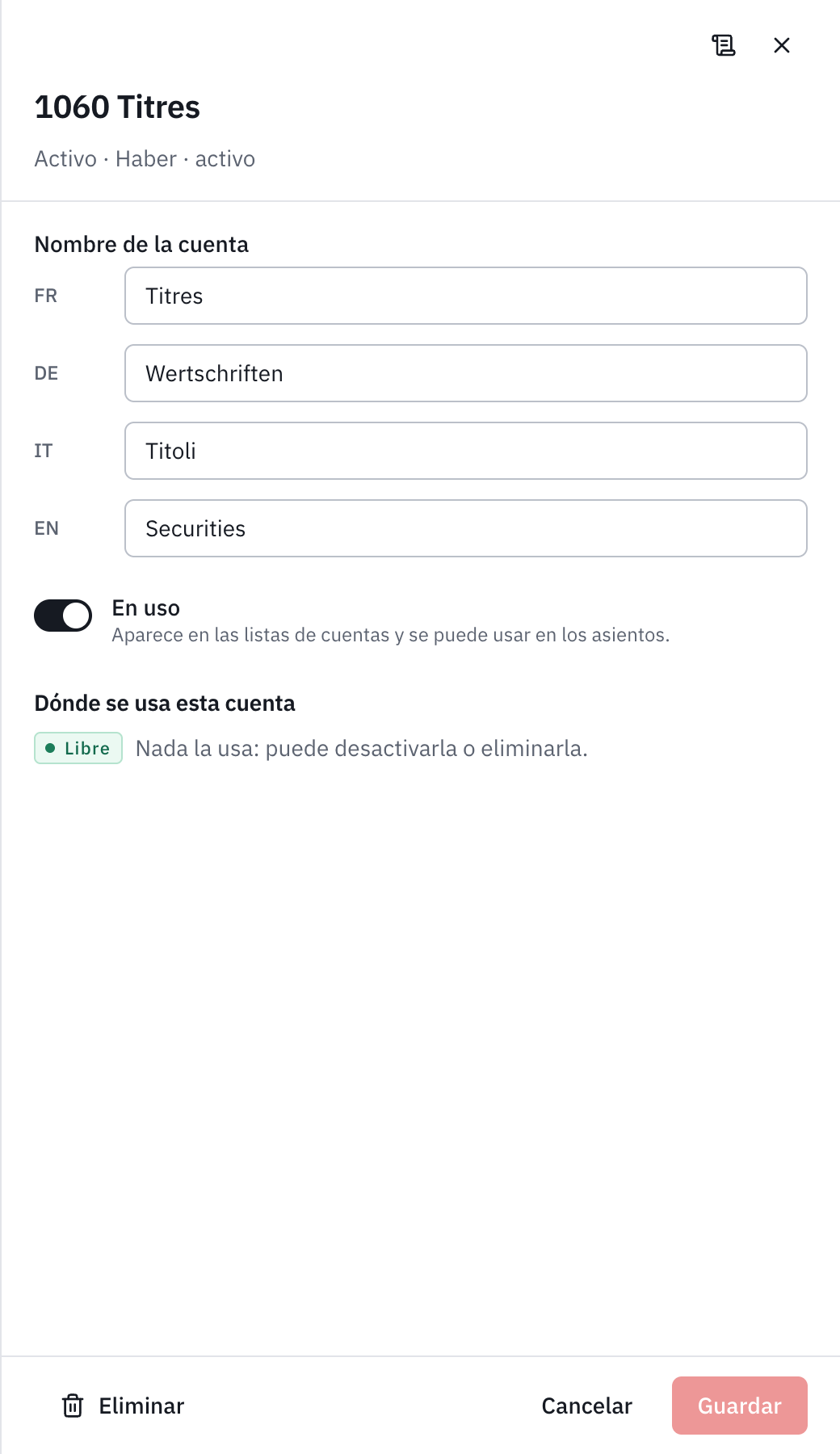 La ventana de la cuenta 1060 Títulos: sus nombres en cuatro idiomas, el interruptor En uso y Dónde se usa esta cuenta, libre.