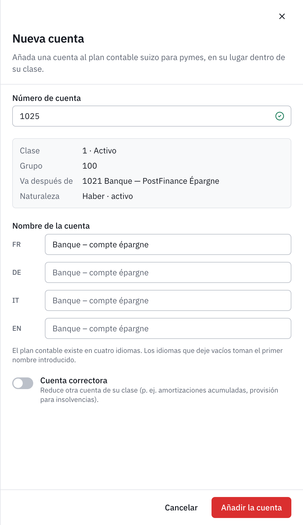 La ventana Nueva cuenta: el número 1025, su lugar después de 1020 Banco, y el nombre Banco – cuenta de ahorro.