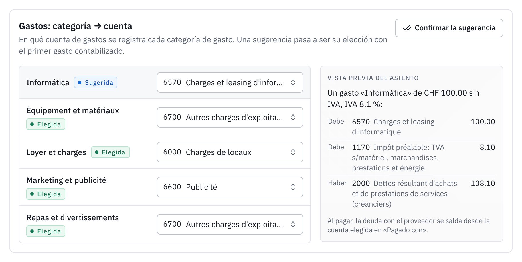 La tarjeta Gastos: categoría → cuenta, con la categoría Informática sugerida en la cuenta 6570 y la vista previa del asiento.