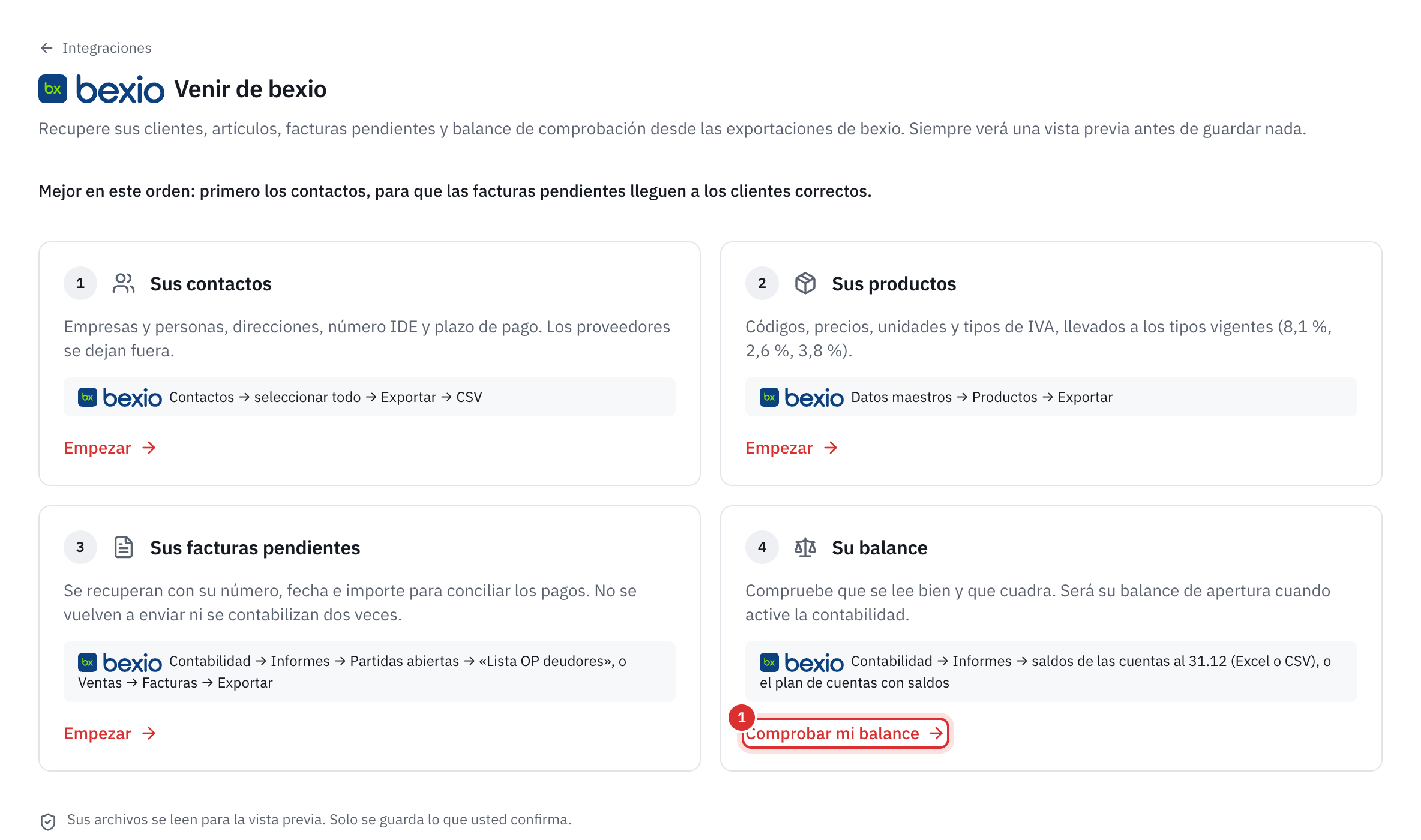 La página Venir de bexio: los contactos, los productos, las facturas abiertas y el balance, cada uno con su ruta de exportación en bexio.