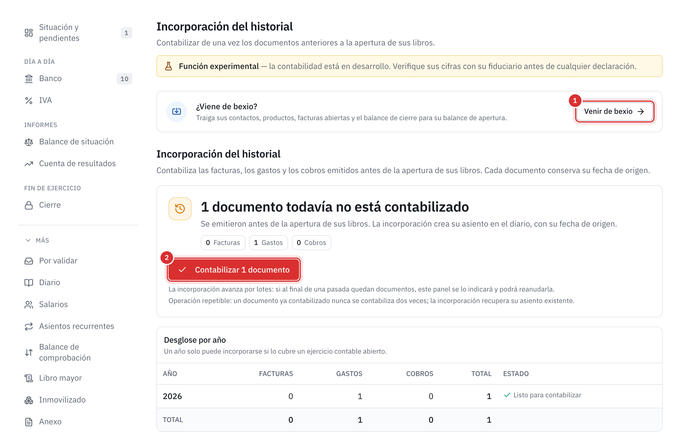 La página Incorporación del historial: el enlace Venir de bexio, un documento todavía no contabilizado, el botón Contabilizar 1 documento y el desglose por año.