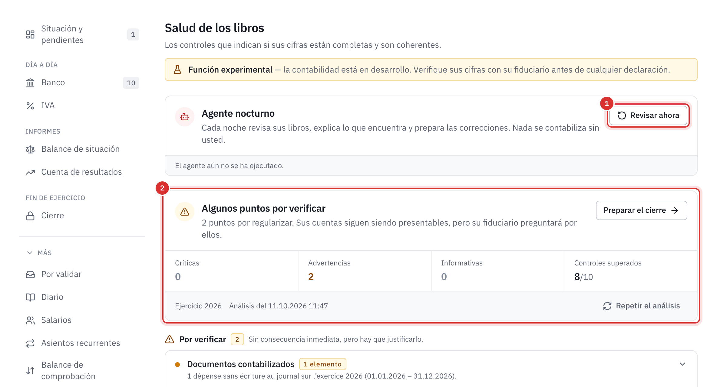 La página Salud de los libros: el agente nocturno con Revisar ahora y, debajo, el diagnóstico Algunos puntos por verificar con sus contadores.