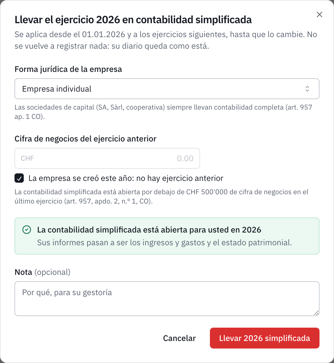 La ventana Llevar el ejercicio 2026 en contabilidad simplificada: empresa individual creada este año, y el mensaje La contabilidad simplificada está abierta para usted en 2026.