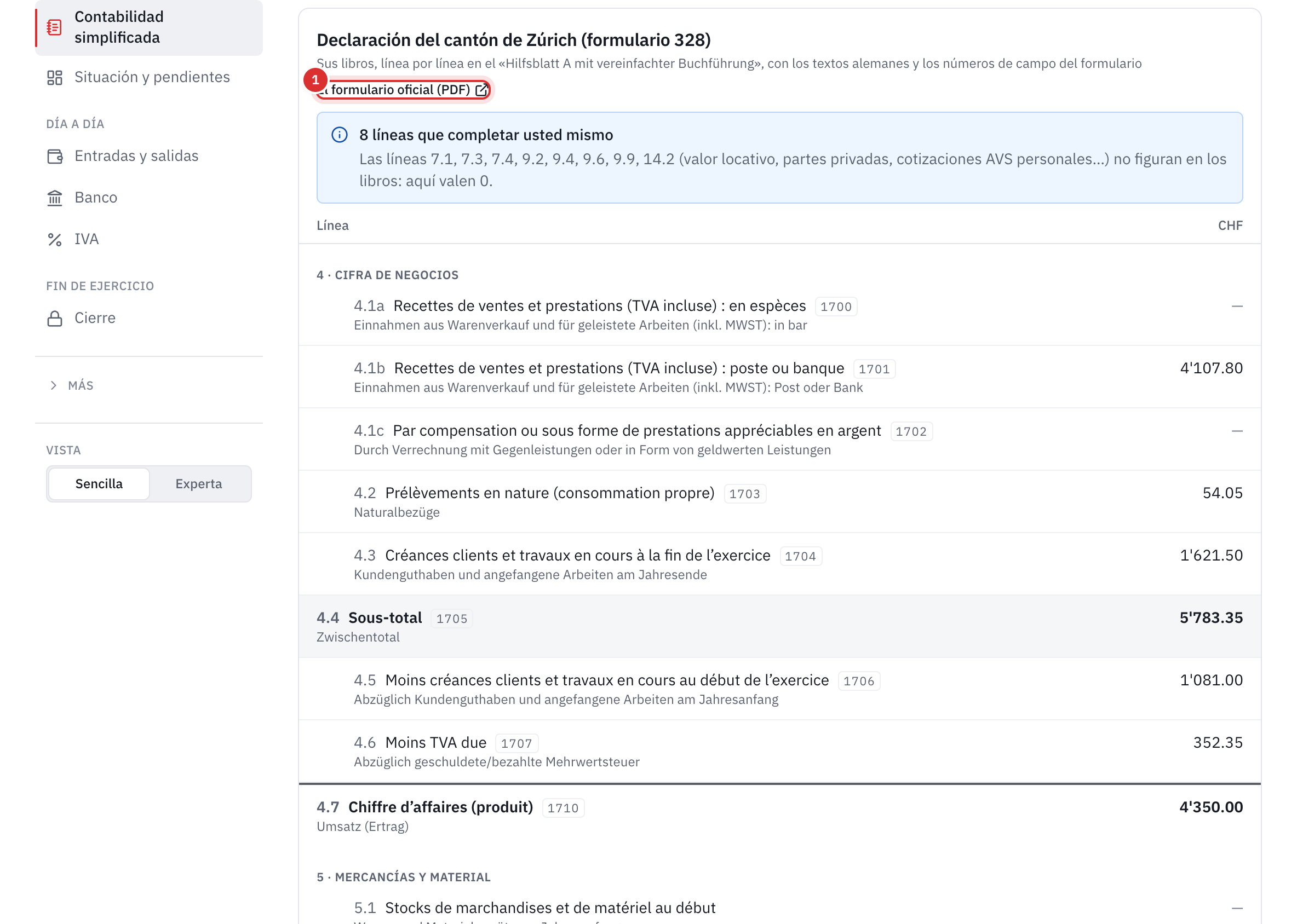 La vista Declaración ZH 328: el enlace al formulario oficial, las líneas que debe completar usted mismo y las líneas de la cifra de negocios.